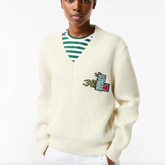 Lacoste Women's Holiday V-Neck Wool Sweater - Picture 1 of 8